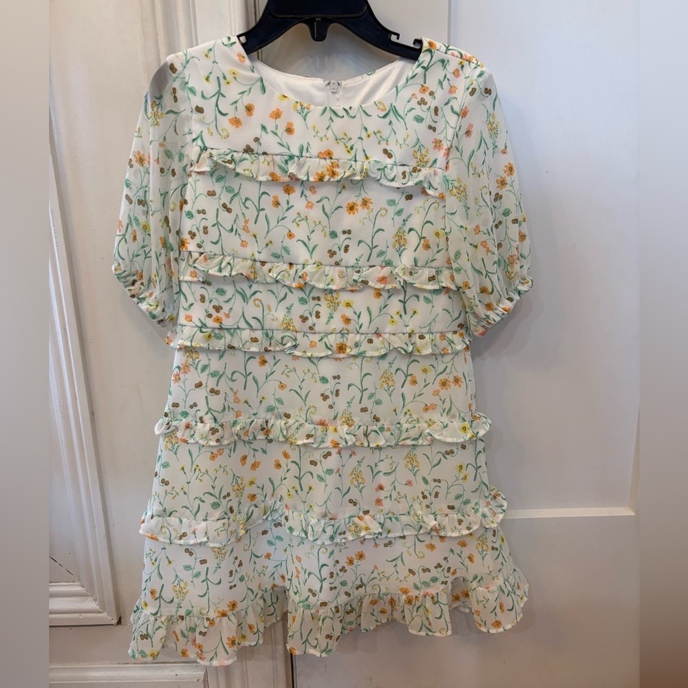 GB Girls White and Green Floral Ruffle Dress